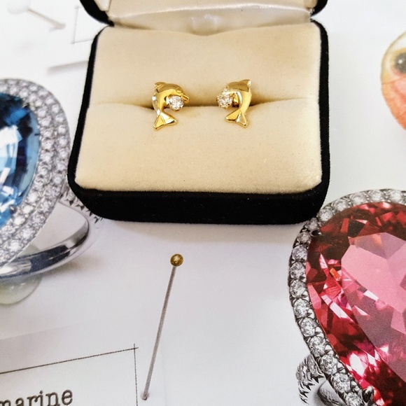 Jewelry - 14K Small Saudi Gold Dolphin Earrings with Diamond